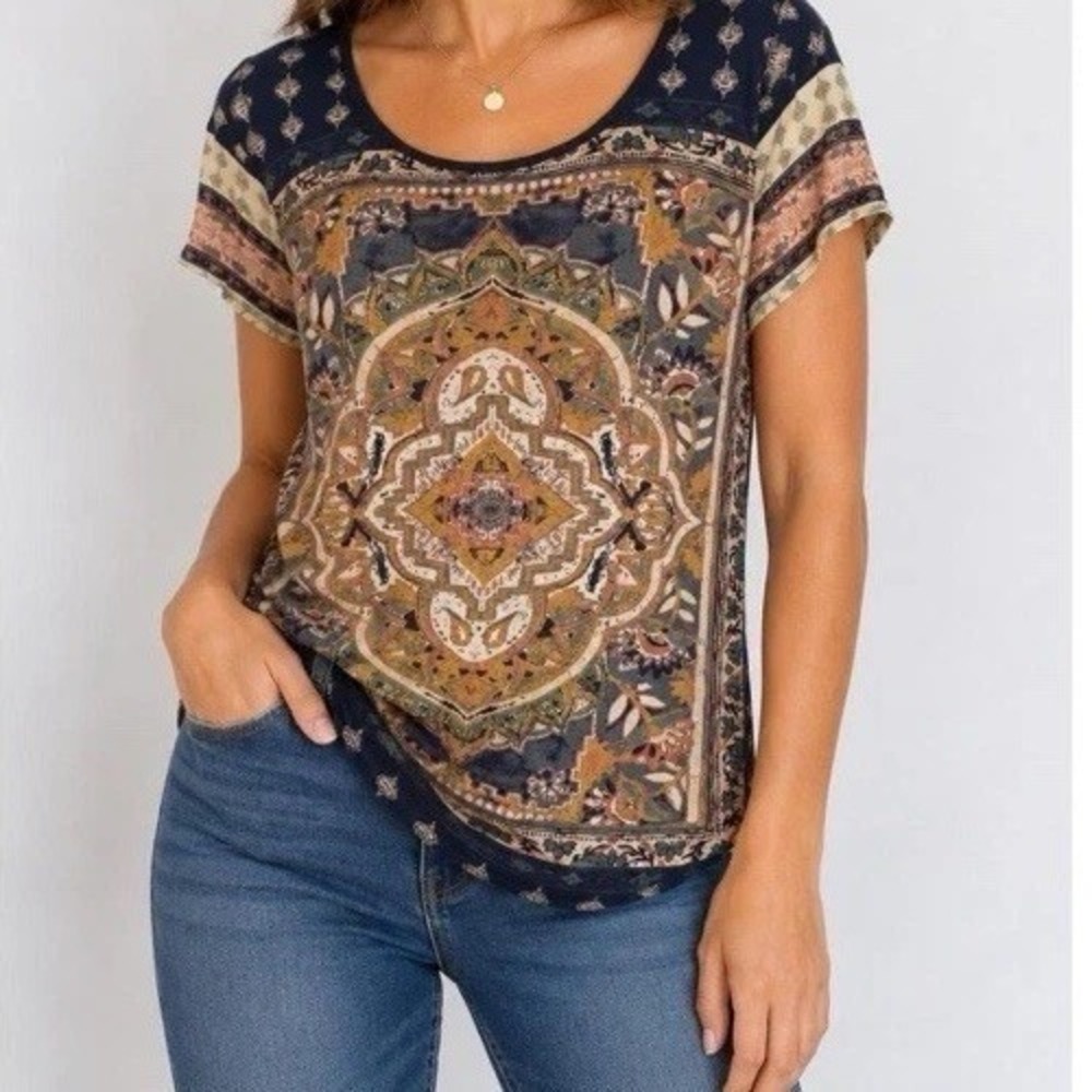 Lucky Brand Tee Boho Floral Mandala Print Womens 2X Multicolor Short Sleeve Top